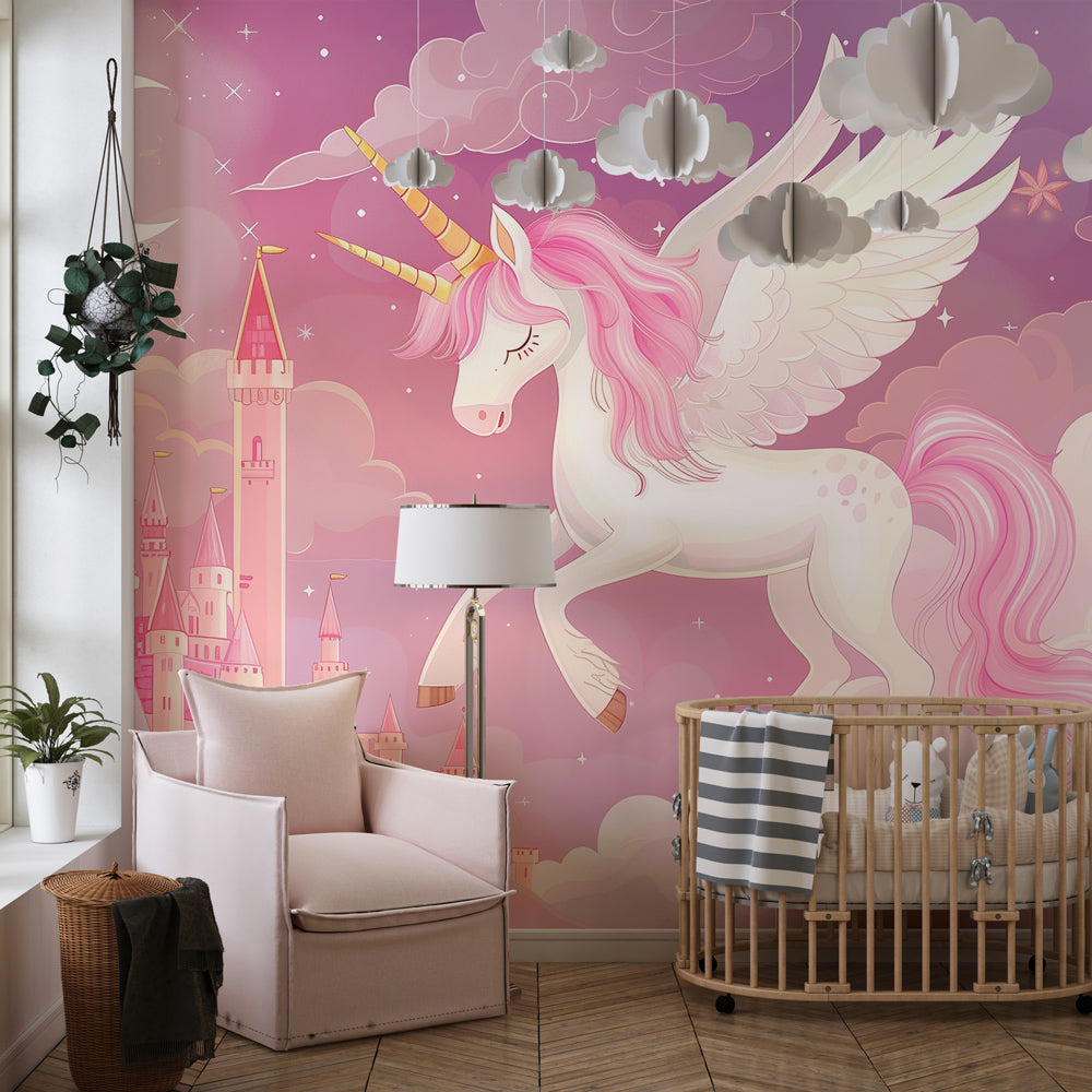 Enchanted castle and unicorn wallpaper transforming kids nursery into dreamy space