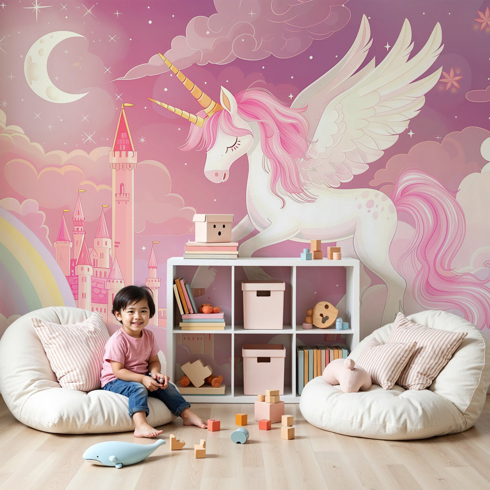 Unicorn mural wallpaper with pink clouds creating magical fairy-tale bedroom decor by Kids-Mundo