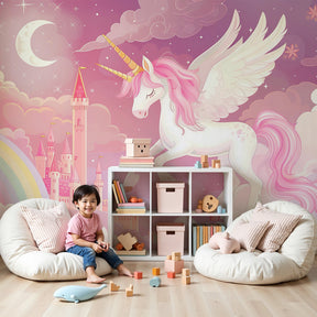 Unicorn mural wallpaper with pink clouds creating magical fairy-tale bedroom decor by Kids-Mundo