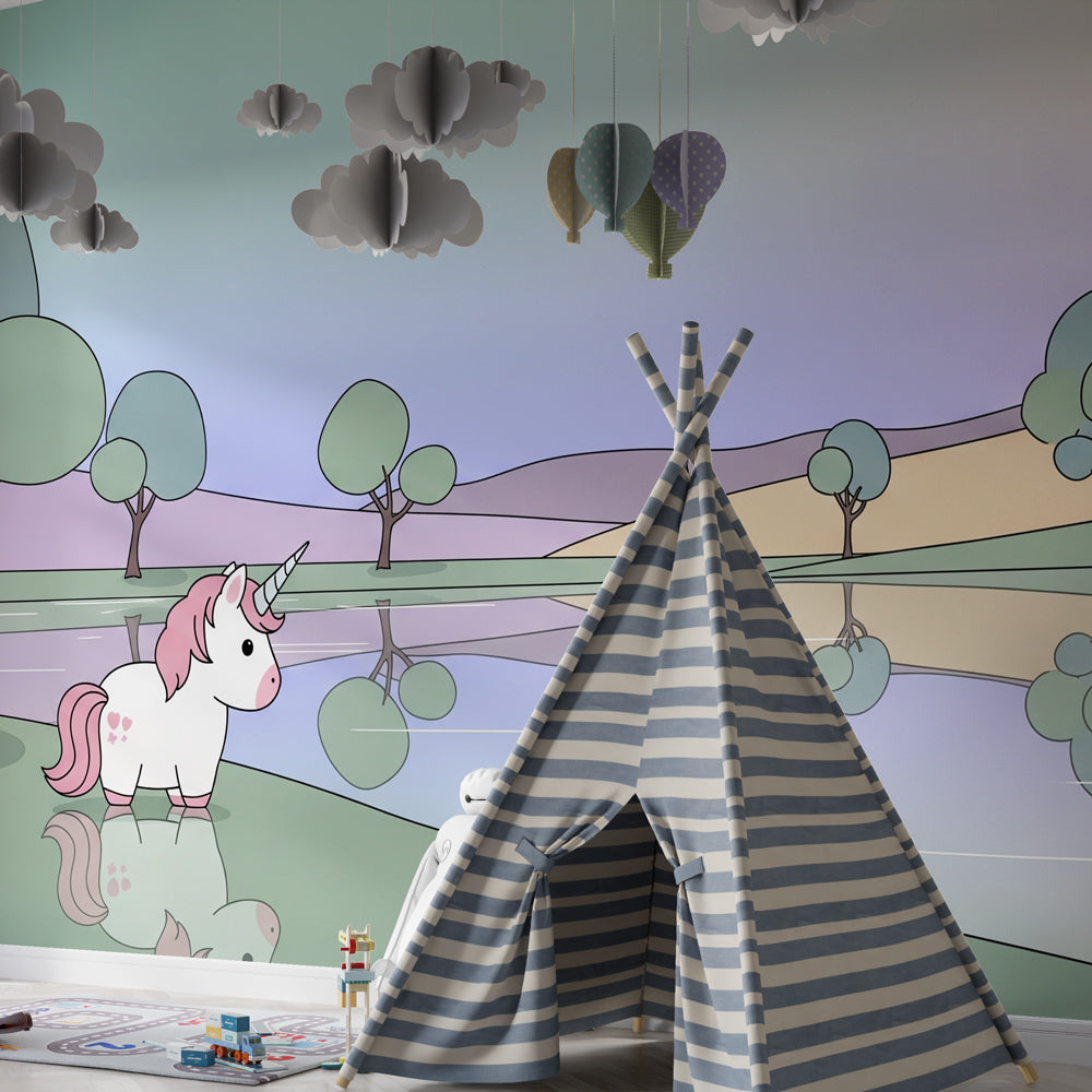 Enchanting unicorn wallpaper creating dreamy atmosphere in children's bedroom decor