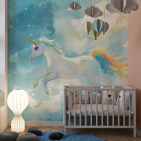 Fairy unicorn wallpaper transforming children's room into magical starry sanctuary