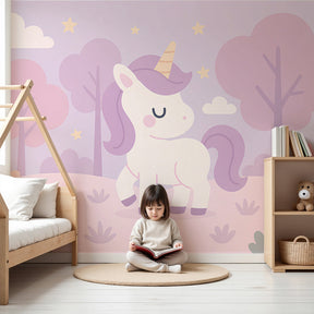 Enchanted unicorn mural wallpaper in dreamy pink nursery setting by Kids-Mundo