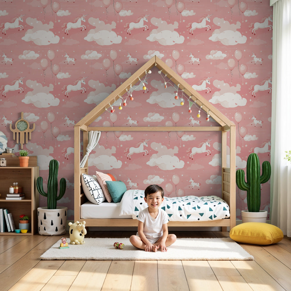 Pink unicorn mural wallpaper creating magical atmosphere in modern girls bedroom by Kids-Mundo