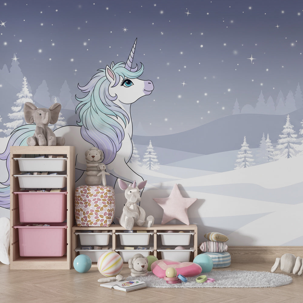 Enchanted unicorn winter landscape mural wallpaper in modern children's room by Kids-Mundo