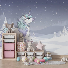 Enchanted unicorn winter landscape mural wallpaper in modern children's room by Kids-Mundo