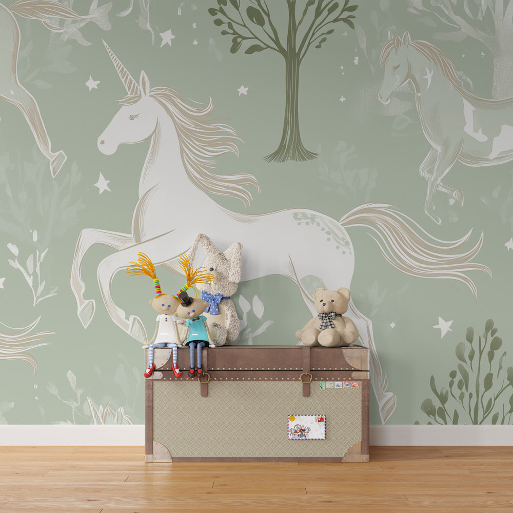 Unicorn forest mural wallpaper transforming kids playroom into magical sanctuary