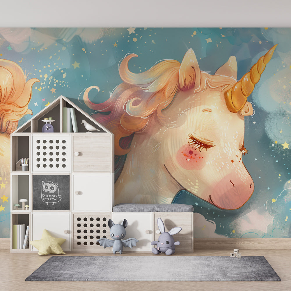 Magical unicorn mural wallpaper with golden stars creating dreamy kids room atmosphere