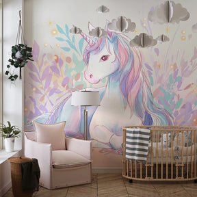 Whimsical unicorn mural wallpaper with botanical elements for dreamy kids room by Kids-Mundo