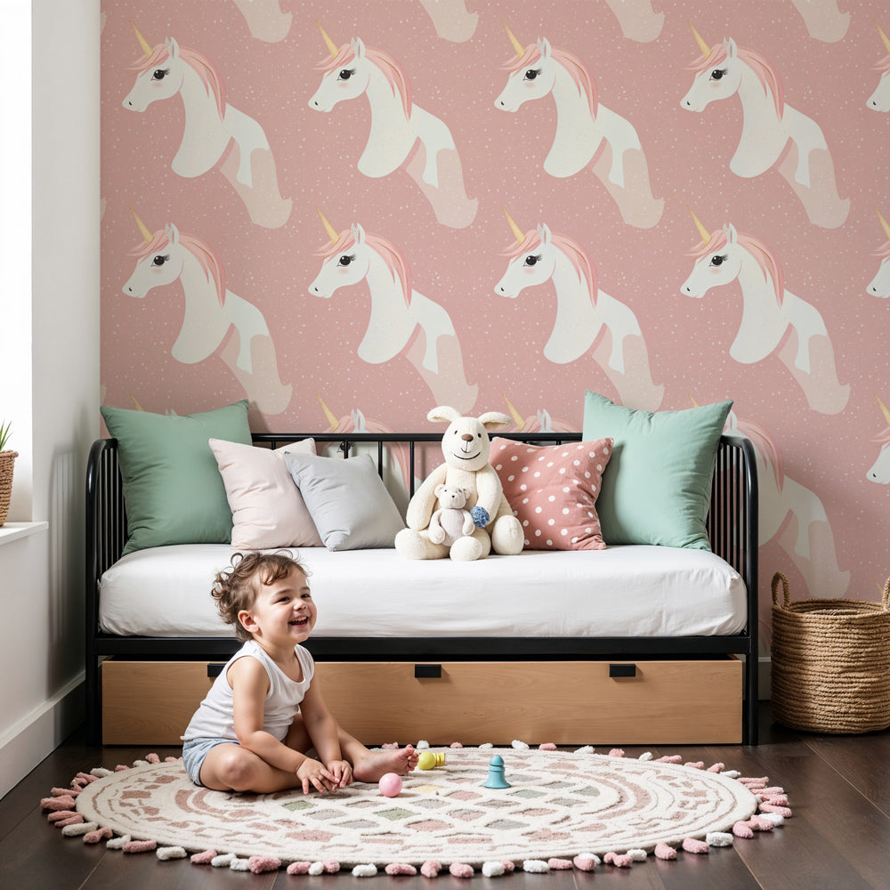 Soft pink unicorn mural wallpaper creating magical fairy tale nursery decor by Kids-Mundo