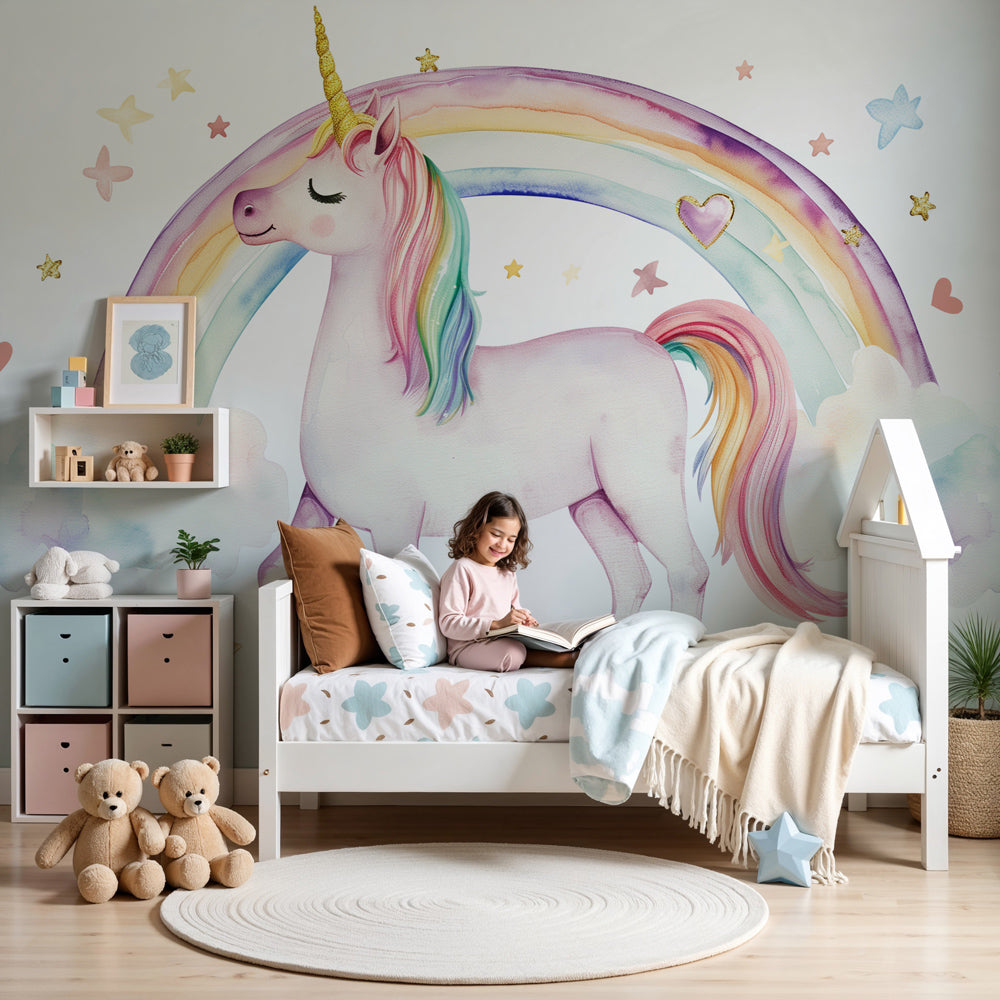 Unicorn rainbow mural wallpaper creating magical nursery decor with pastel colors by Kids-Mundo