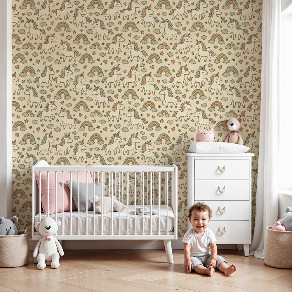 Colorful unicorn mural wallpaper with rainbows creating magical nursery decor by Kids-Mundo