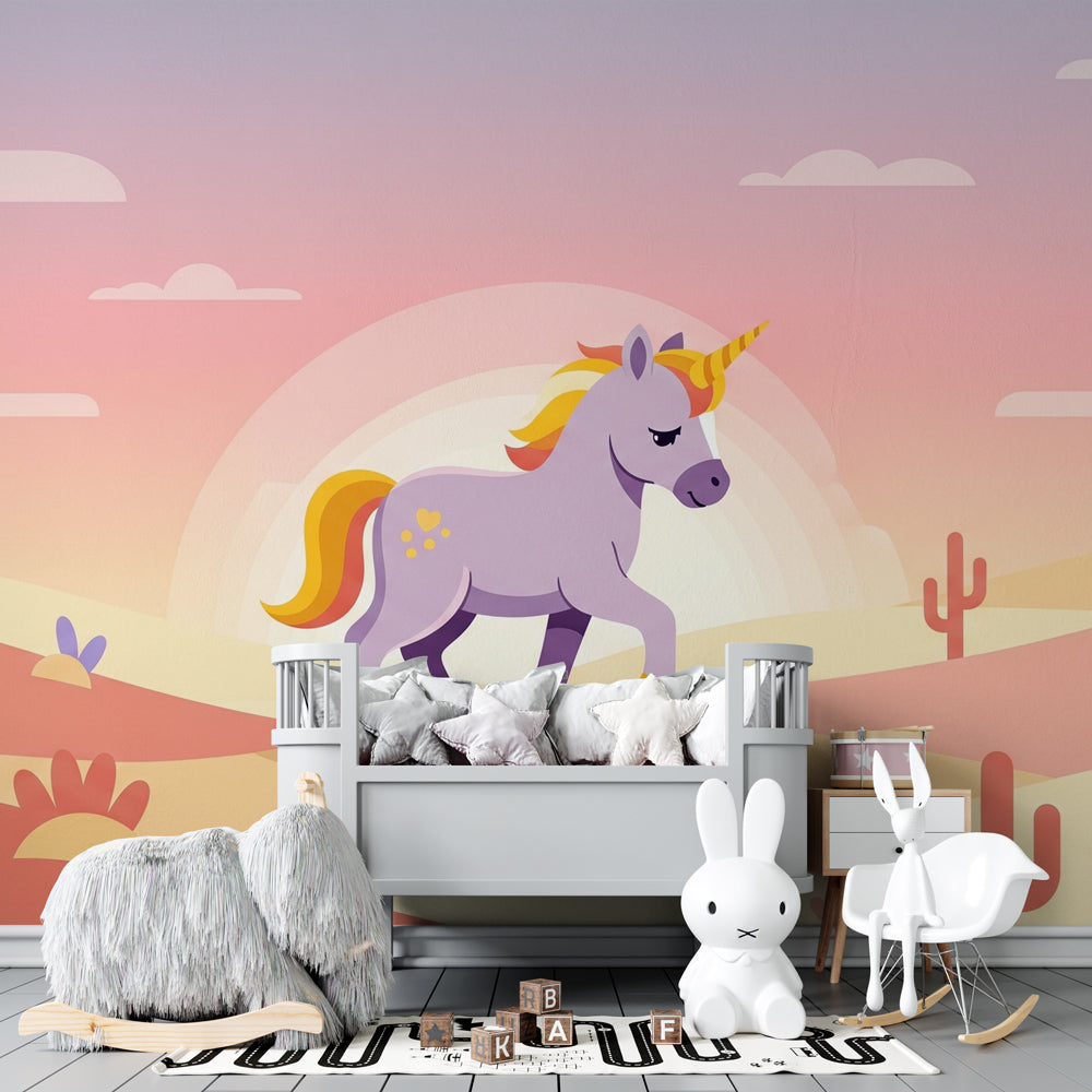Fantasy unicorn wallpaper creating magical nursery atmosphere with sunset desert theme