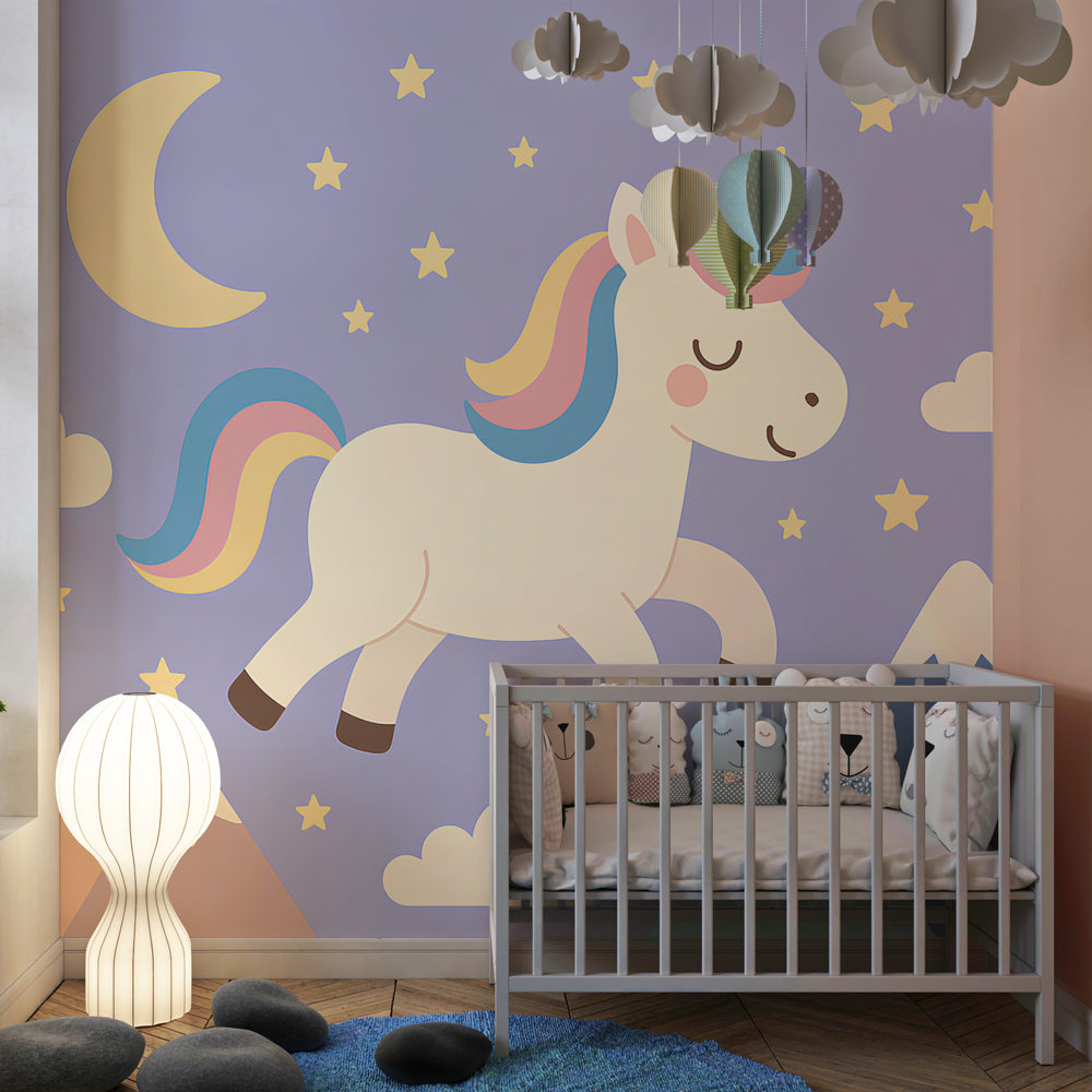 Purple unicorn wallpaper creating enchanted nursery atmosphere with golden stars and clouds