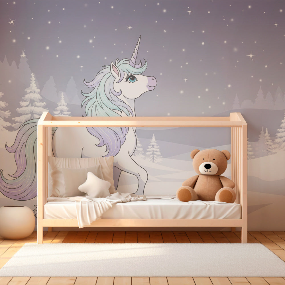 Winter unicorn wallpaper transforming nursery into magical snowy forest scene for kids