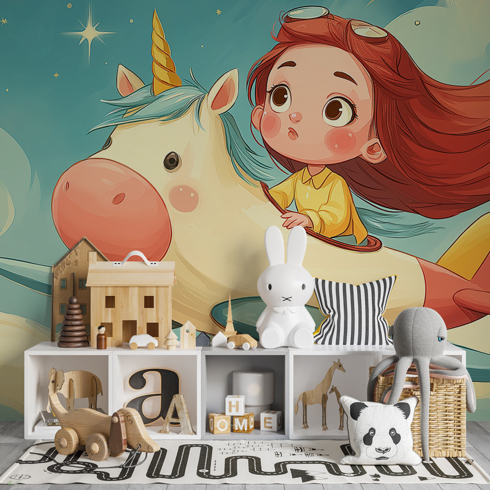 Magical unicorn wallpaper creating dreamy nursery atmosphere with soft pastel colors