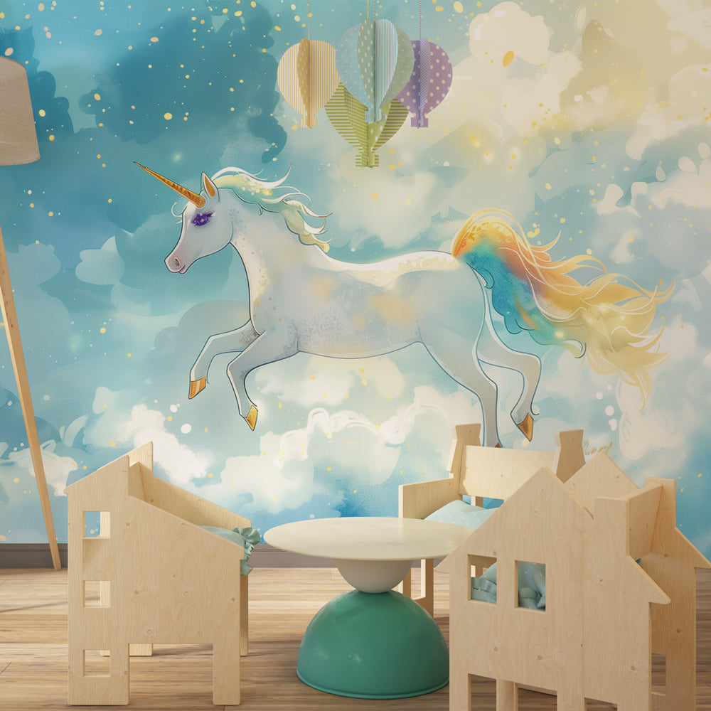 Magical unicorn mural wallpaper creating enchanting nursery atmosphere with celestial theme