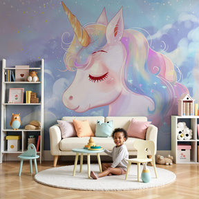 Unicorn mural wallpaper with pastel clouds creating magical nursery decor by Kids-Mundo