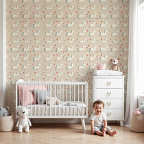 Unicorn mural wallpaper with hearts creating magical nursery decor in soft pastel colors by Kids-Mundo