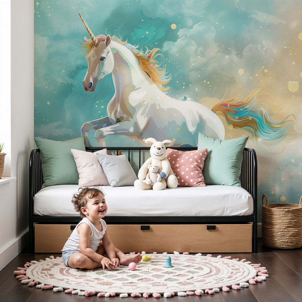 Unicorn mural wallpaper creating magical fairytale nursery decor with pastel sky design by Kids-Mundo