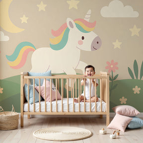 Magical unicorn mural wallpaper creating enchanted nursery atmosphere by Kids Mundo