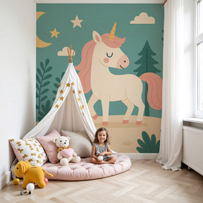 Magical unicorn mural wallpaper creating enchanted nursery atmosphere by Kids-Mundo