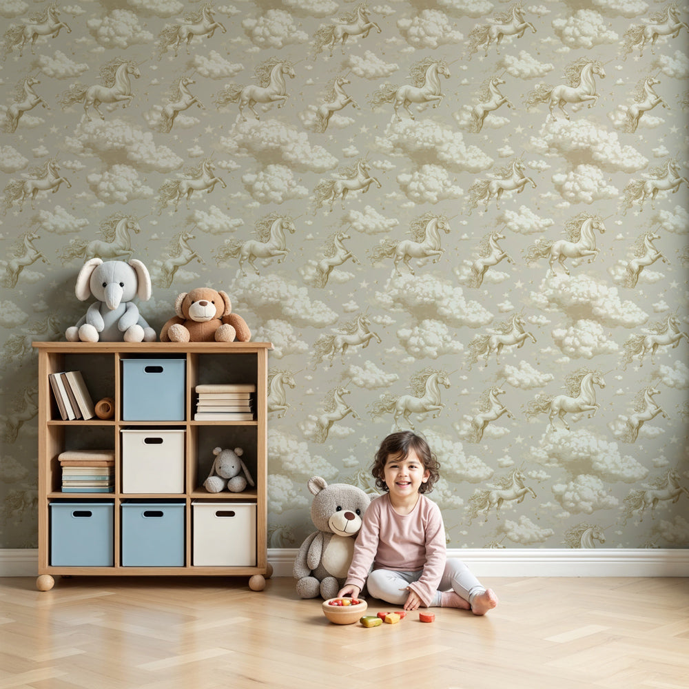 Unicorn mural wallpaper creating magical nursery decor with majestic unicorns in clouds by Kids-Mundo