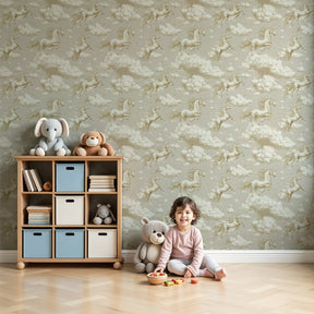 Unicorn mural wallpaper creating magical nursery decor with majestic unicorns in clouds by Kids-Mundo