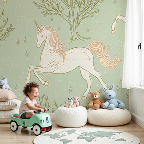 Enchanted unicorn mural wallpaper creating magical nursery decor with sage green forest theme by Kids-Mundo