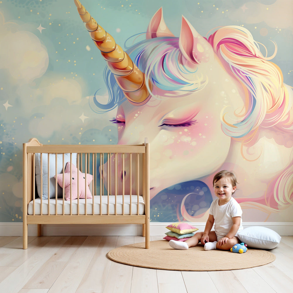 Dreamy unicorn mural wallpaper in pastel nursery with clouds and stars by Kids-Mundo