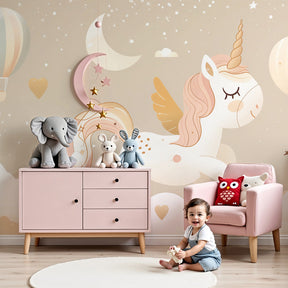 Unicorn mural wallpaper with hot air balloons in elegant beige nursery by Kids-Mundo