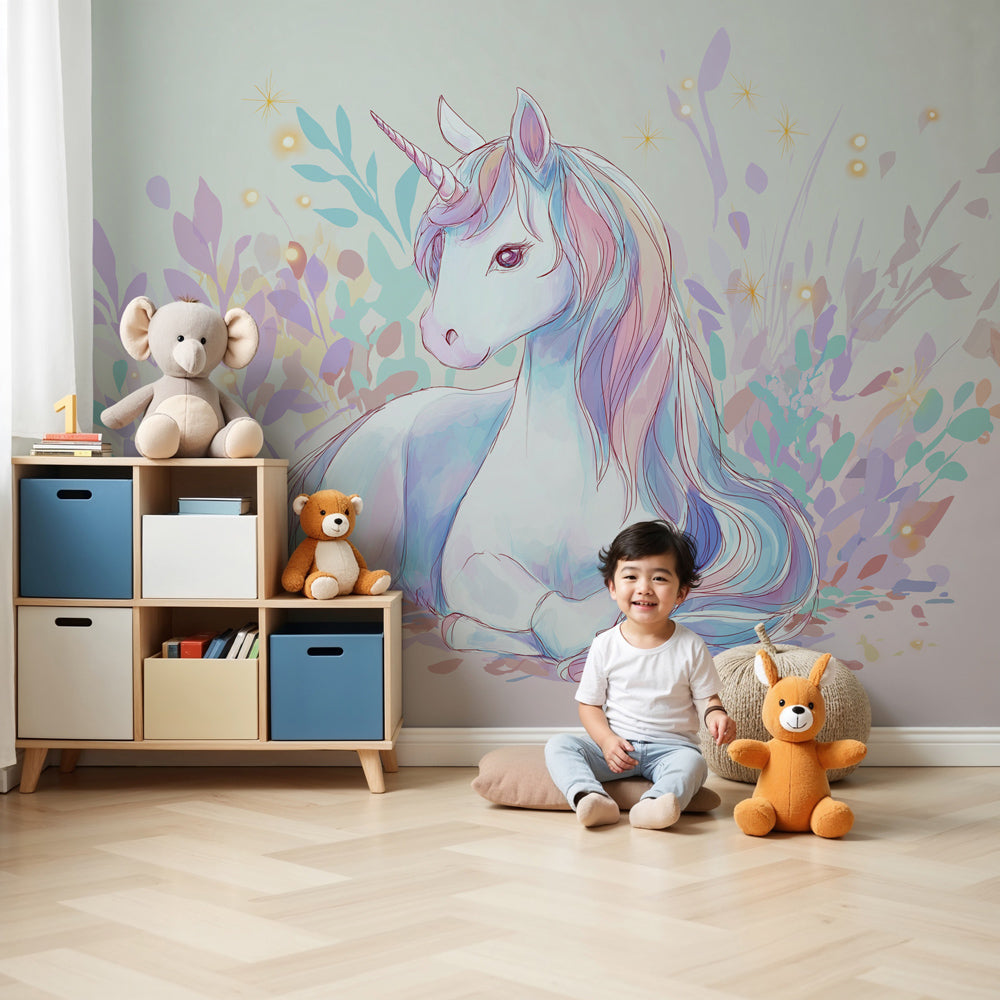 Magical unicorn mural wallpaper creating enchanted nursery decor with pastel colors by Kids-Mundo