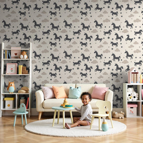 Unicorn clouds and stars mural wallpaper in modern nursery room by Kids-Mundo