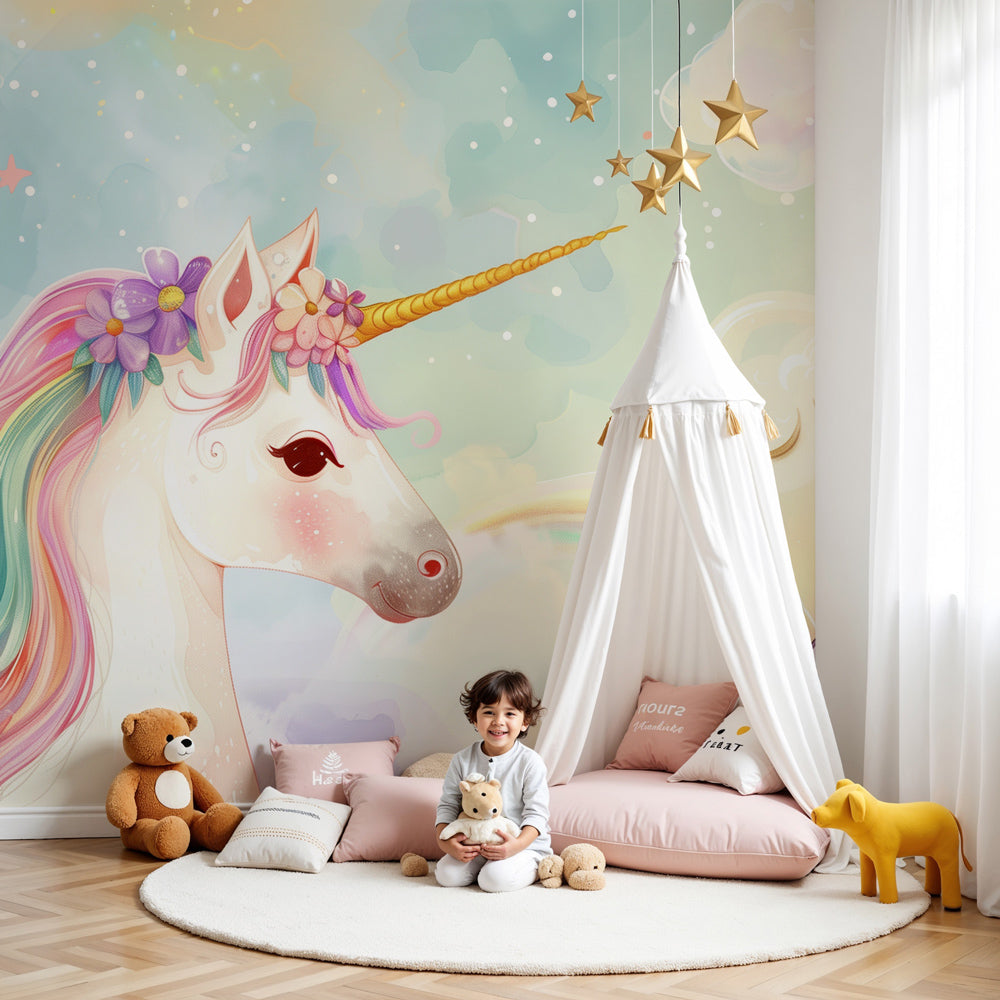 Magical unicorn mural wallpaper with pastel starry sky in modern kids bedroom by Kids-Mundo