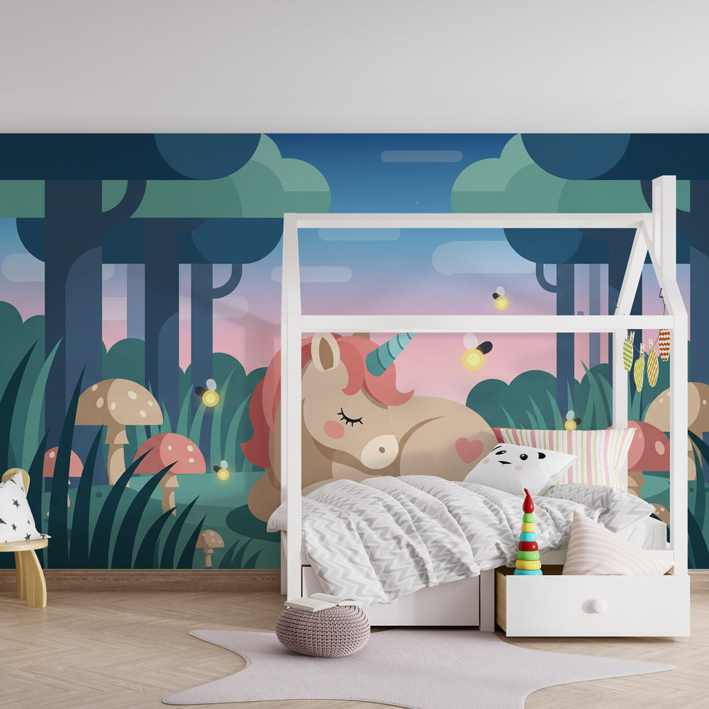 Enchanted forest unicorn wallpaper transforming kids room into magical sleep sanctuary