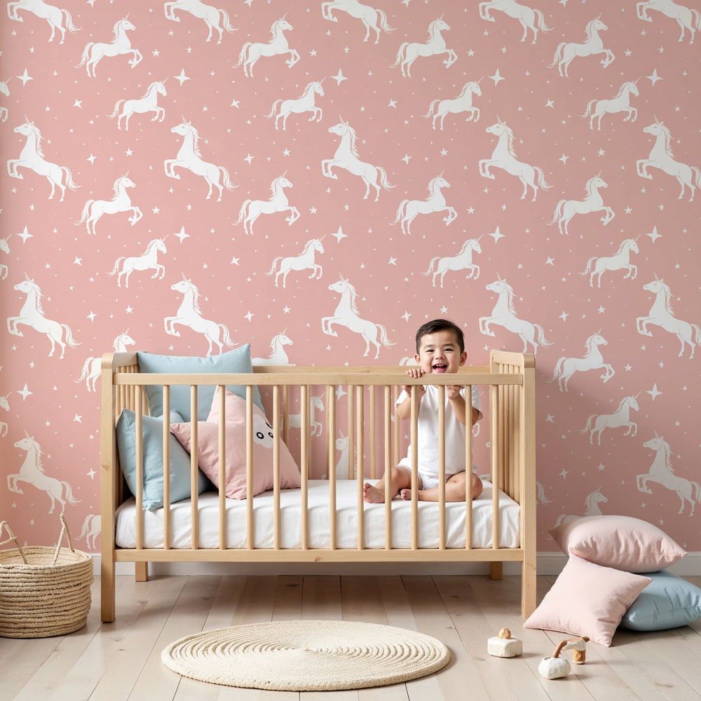 White unicorns on pink mural wallpaper in modern girls bedroom by Kids-Mundo