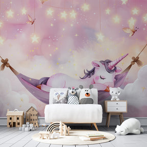 Magical unicorn cloud hammock wallpaper creating dreamy children's bedroom decor