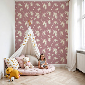 Delicate pink unicorn mural wallpaper in modern nursery with fairy-tale decor by Kids-Mundo