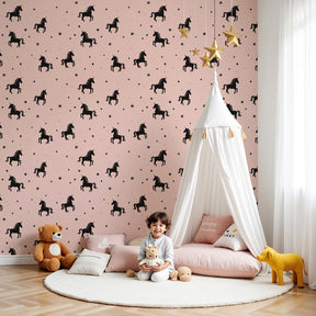 Black unicorn mural wallpaper creating magical pink nursery decor by Kids-Mundo