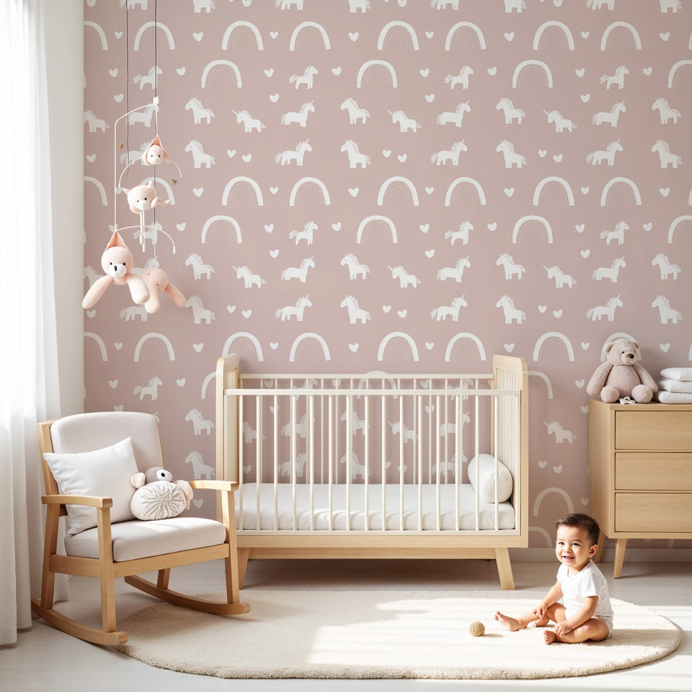 Pink unicorn mural wallpaper with rainbows decorating modern nursery room by Kids-Mundo