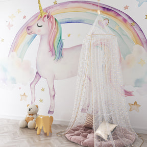 Pastel rainbow unicorn mural wallpaper inspiring imagination in modern kids playroom