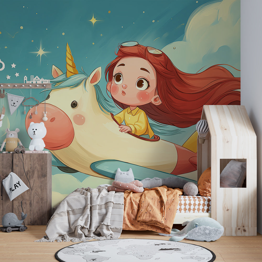 Whimsical unicorn mural wallpaper transforming children's playroom into fantasy world