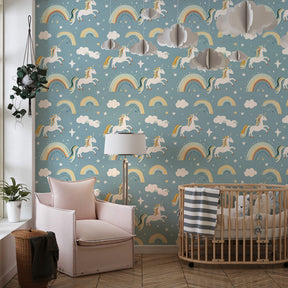 Whimsical unicorn wallpaper with stars and clouds transforming kids playroom space