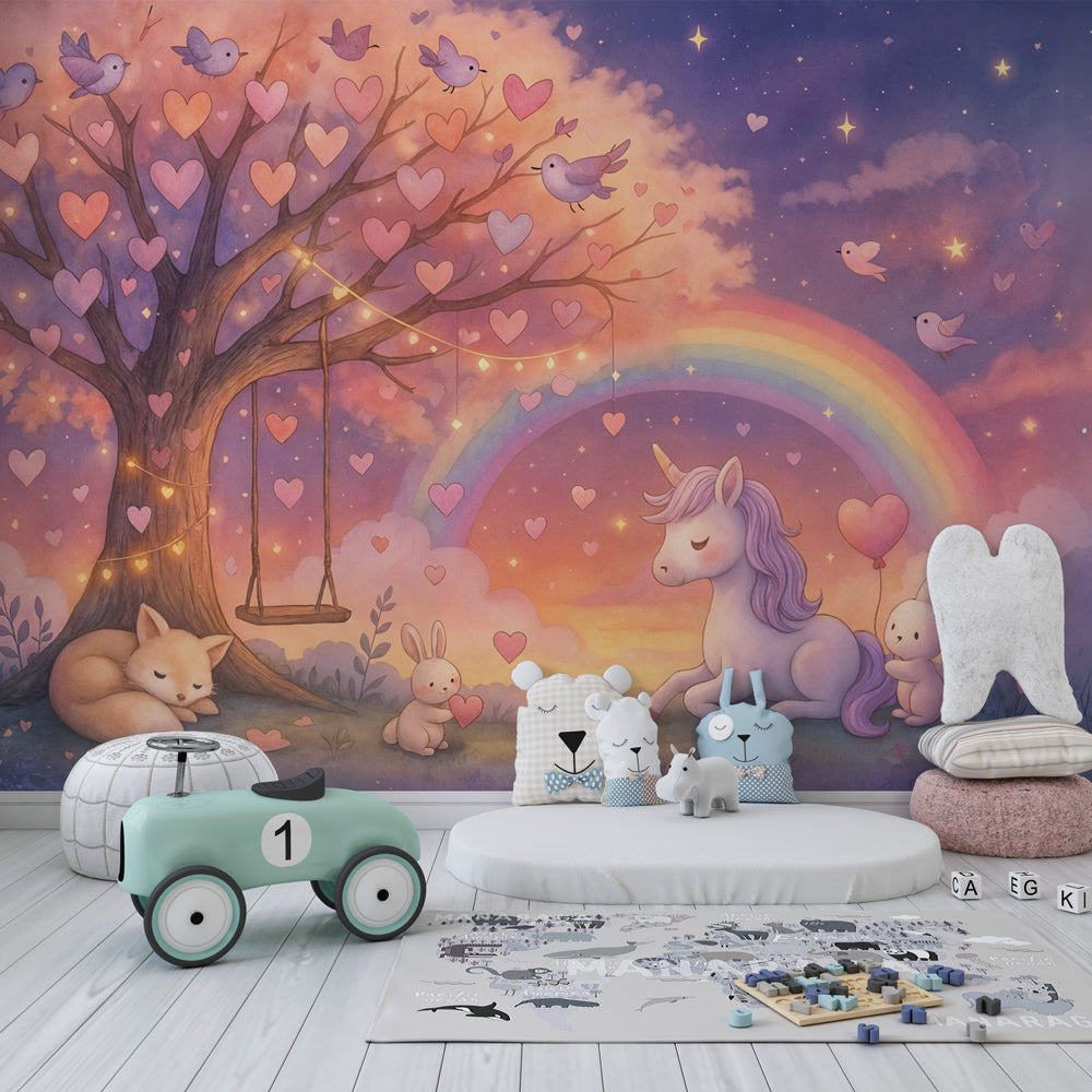 Whimsical unicorn mural wallpaper with hot air balloons for colorful kids playroom by Kids-Mundo
