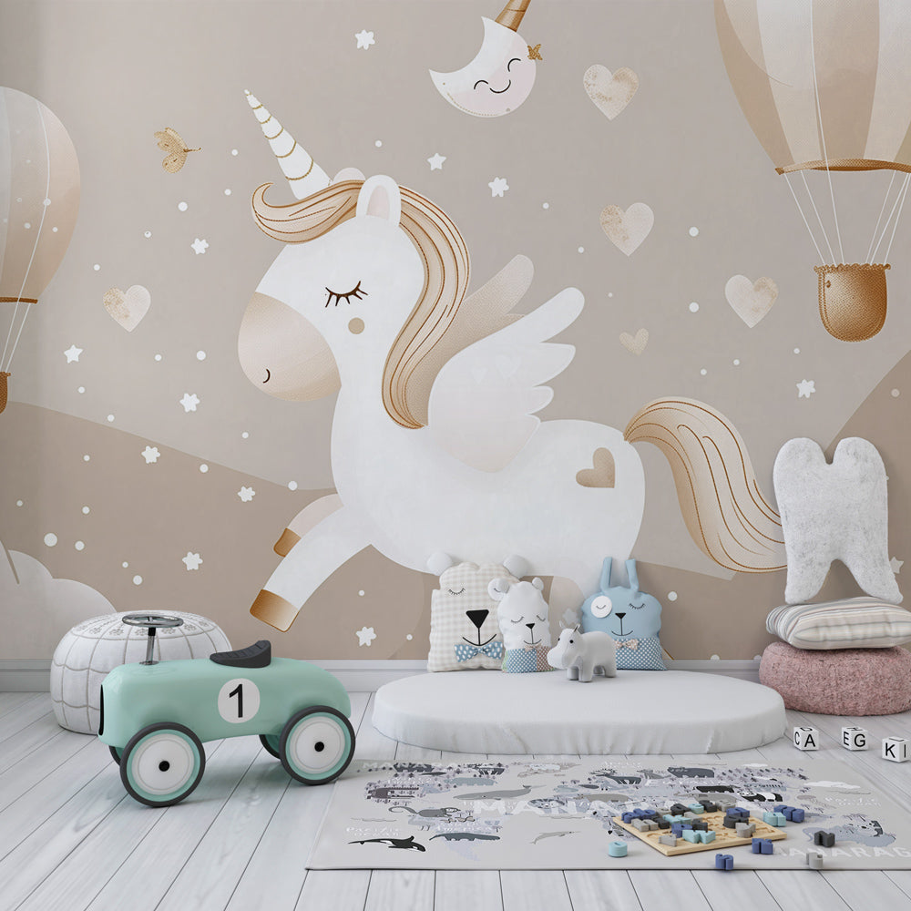 Whimsical unicorn mural wallpaper with floating balloons creating enchanting kids playroom atmosphere