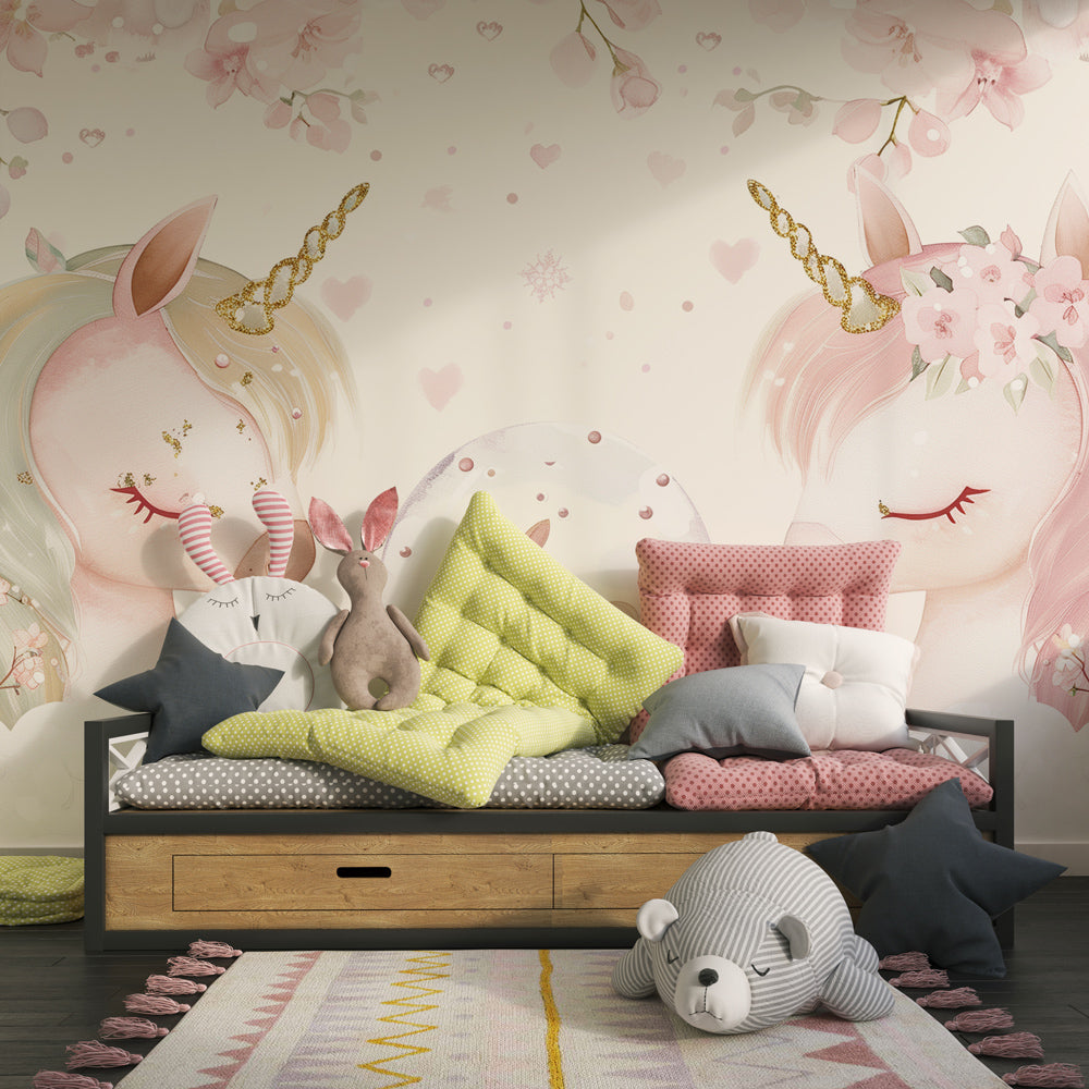 Dreamy unicorn mural wallpaper with snow globe and floral details for inspiring children's playroom decor
