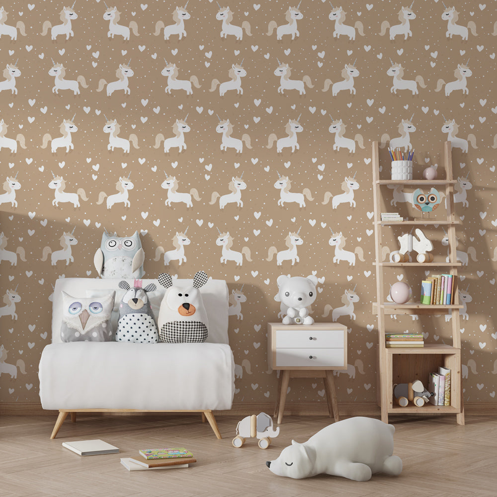 Whimsical unicorn mural wallpaper with hearts and stars for modern kids playroom design