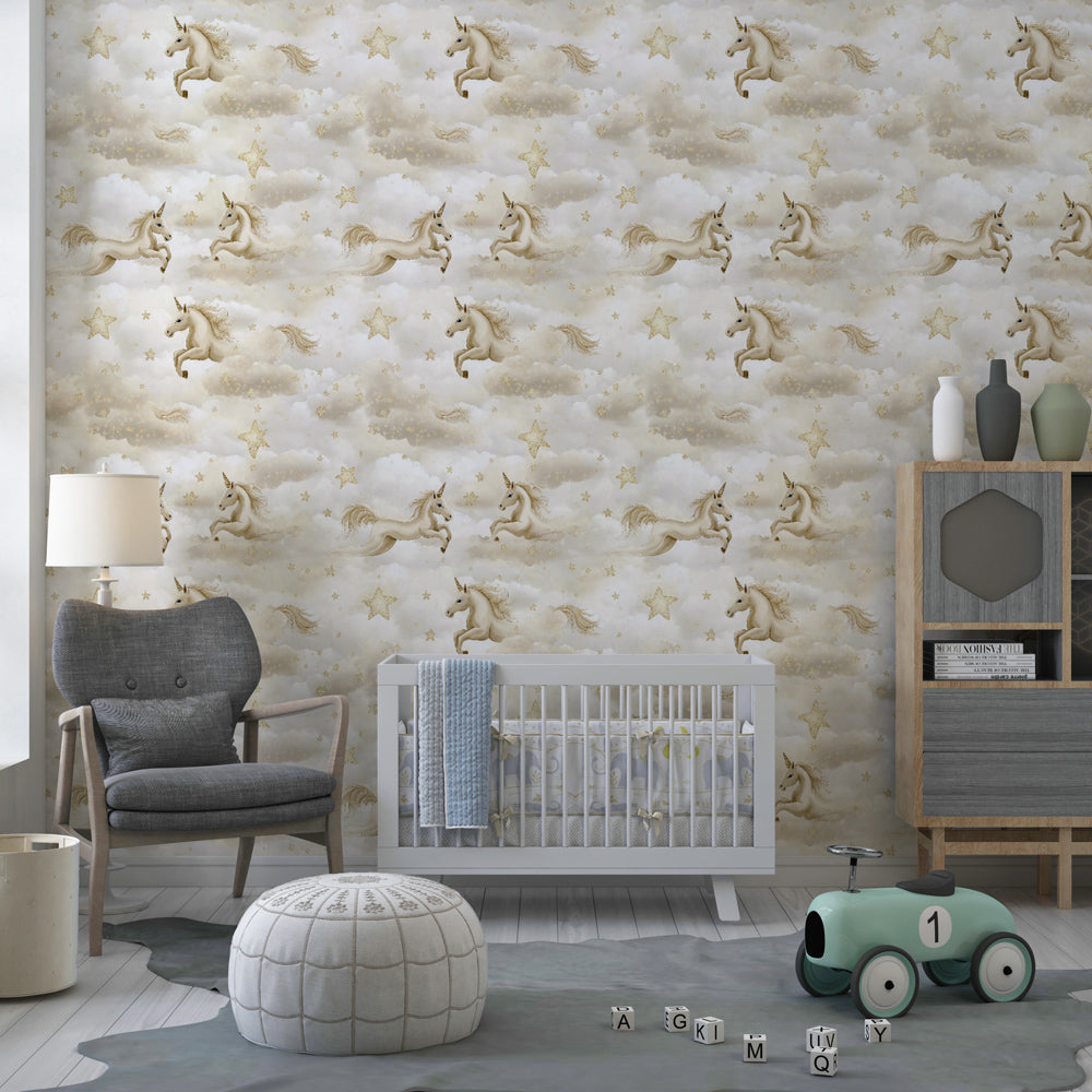 Dreamy unicorn and stars mural wallpaper for kids playroom by Kids-Mundo