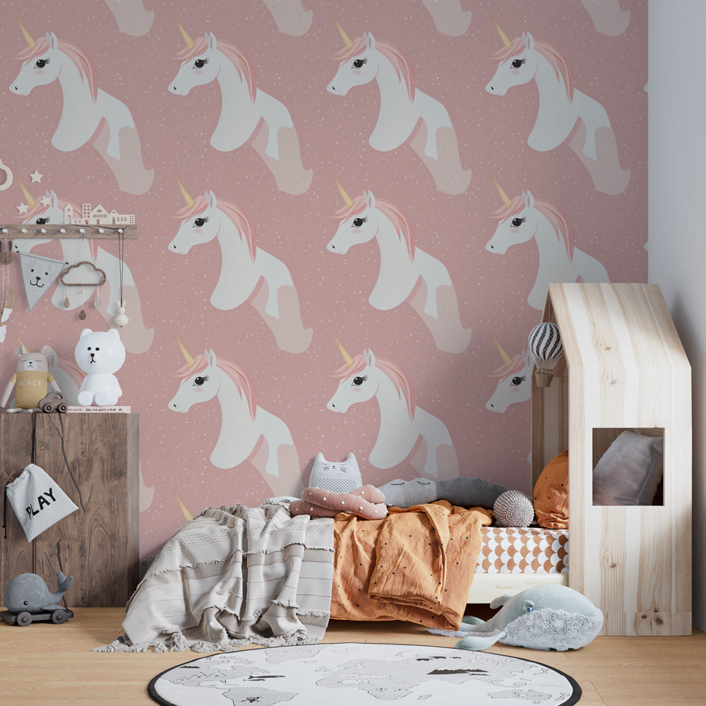 Whimsical unicorn mural wallpaper creating dreamy playroom atmosphere for kids by Kids-Mundo
