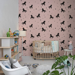 Fantasy unicorn mural wallpaper creating dreamy kids playroom atmosphere