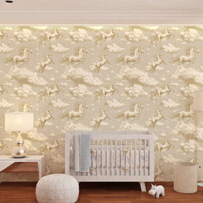 Magical unicorn mural wallpaper in children's playroom featuring dancing unicorns among starlit clouds